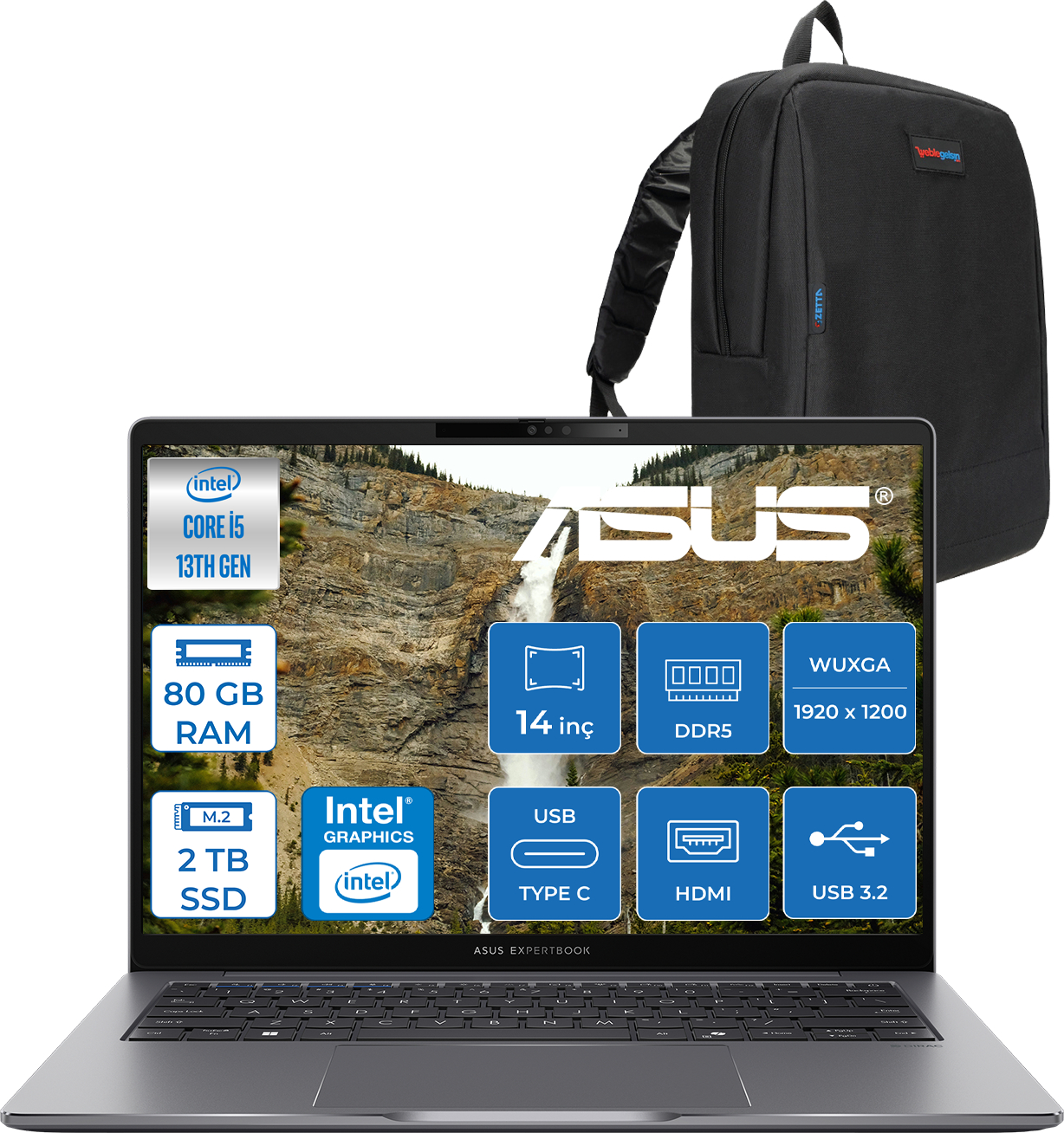 Intel Core i5 işlemcili, 80 GB RAM, 2 TB SSD'li dizüstü bilgisayar, siyah sırt çantası yanında.