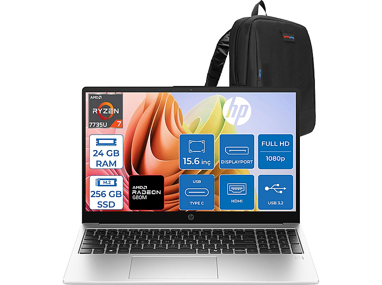HP 255R G10 Radeon™ 680M 1920x1080 D30M1ETF06 AMD Ryzen 7 7735U 24 GB RAM 256 GB SSD 15,6 inç FreeDOS Laptop+Çanta Siyah