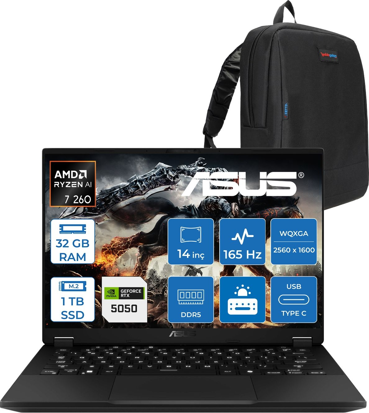 AMD Ryzen AI 7 260, 32 GB RAM, 1 TB SSD, RTX 5050 özellikli siyah ASUS dizüstü bilgisayar.
