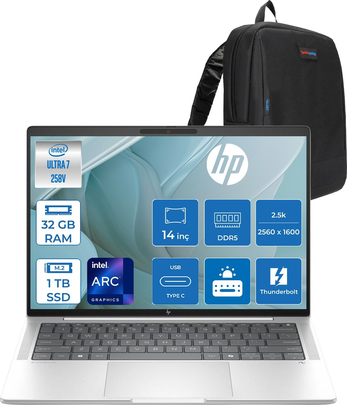 HP EliteBook x G1I Next Gen Arc 2.5K 120 Hz D30NVETF13 Intel Core Ultra 7 258V 32 GB RAM 1 TB SSD 14 inç FreeDOS Laptop+Çanta Siyah