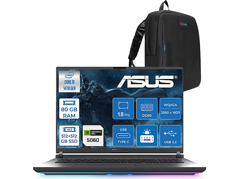 ASUS Rog Strix G18 G815JMR 8GB RTX5060 115W 2.5K ZS9035F34 Intel Core I9-14900HX 80 GB RAM 512 GB SSD 18 inç FreeDOS Laptop+Çanta Siyah