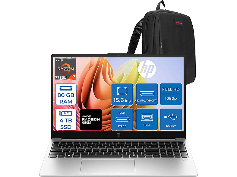 HP 255R G10 Radeon™ 680M 1920x1080 D30M1ETF30 AMD Ryzen 7 7735U 80 GB RAM 4 TB SSD 15,6 inç FreeDOS Laptop+Çanta Siyah