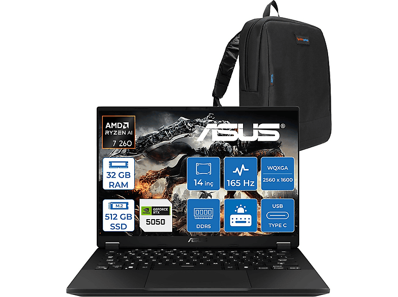ASUS Tuf A14 FA401UH 8GB RTX5050 ZRG025F02 AMD Ryzen 7-260 32 GB RAM 512 GB SSD 14 inç FreeDOS Laptop+Çanta Siyah