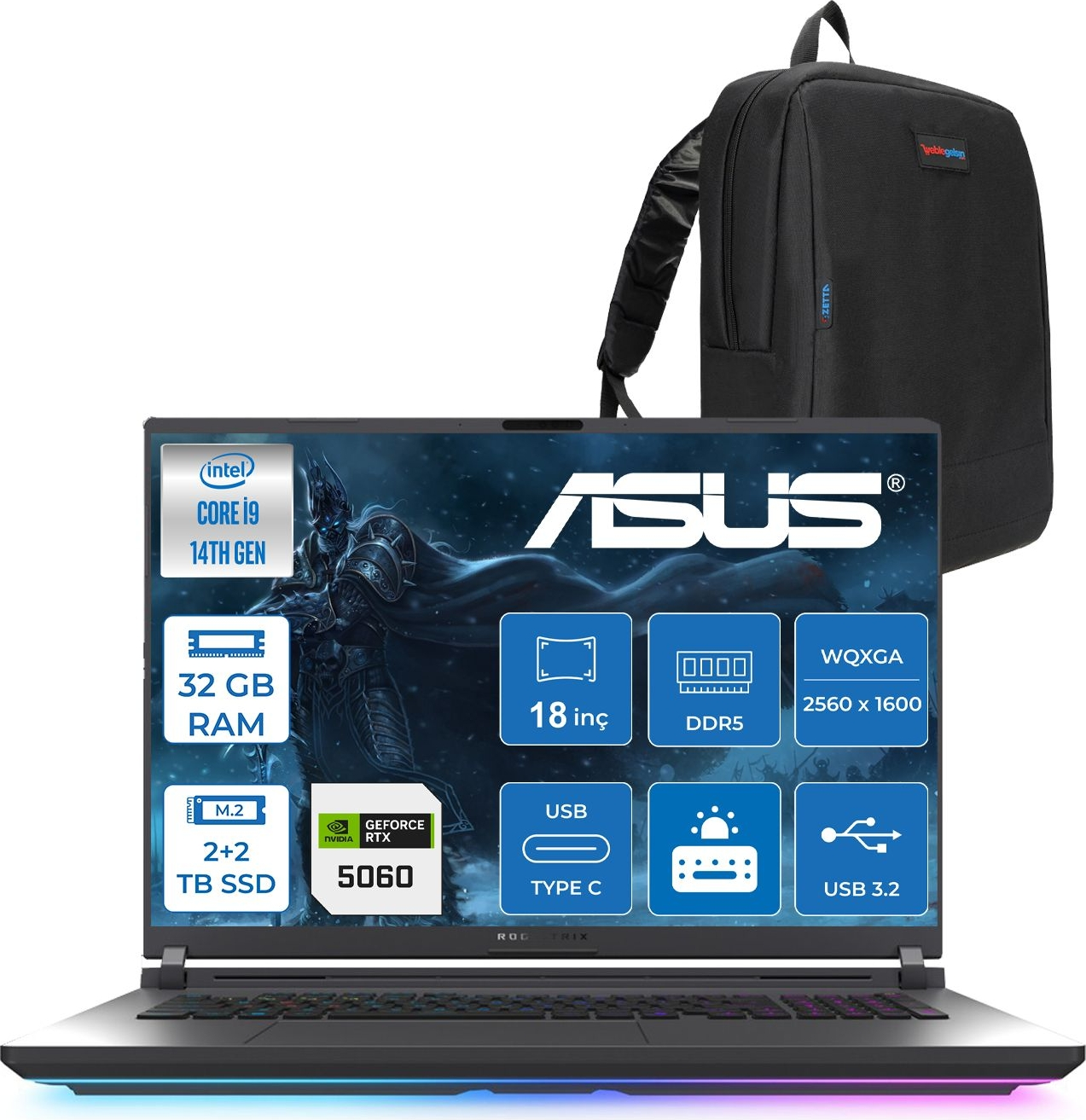 Intel Core i9, 32GB RAM, 2+2TB SSD, RTX 5060 ASUS dizüstü bilgisayar ve sırt çantası.
