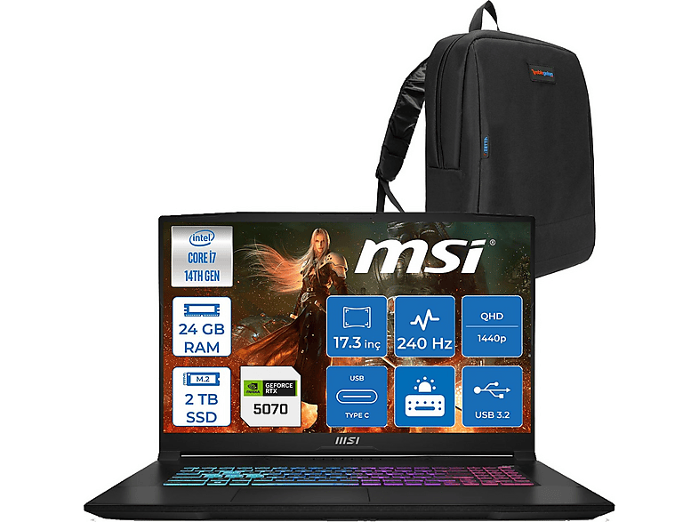 MSI Katana 17 Hx B14WGK RTX5070/8GB 2K  QHD  046XTRF09 Intel Core i7-14650HX 24 GB RAM 2 TB SSD 17,3 inç FreeDOS Laptop+Çanta Siyah