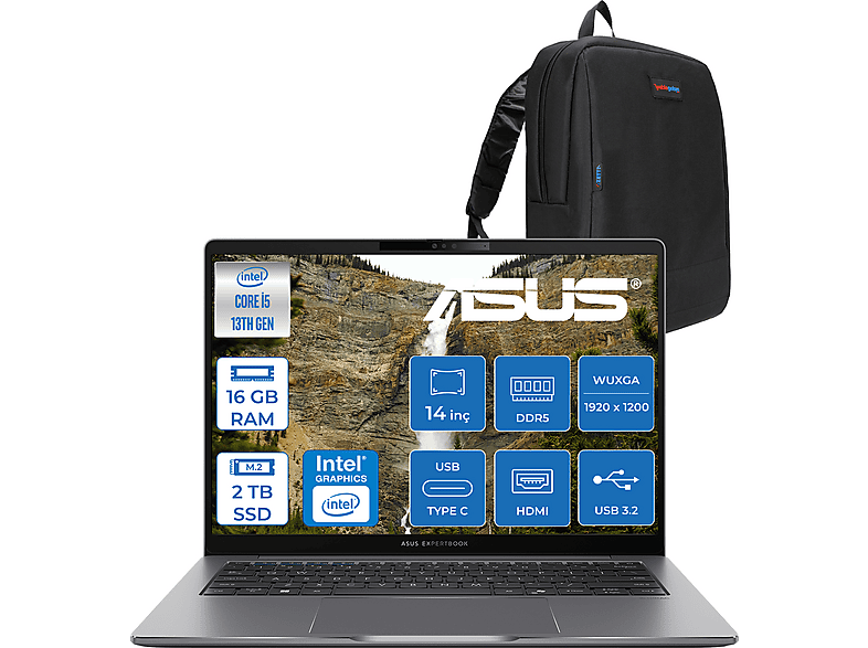ASUS ExpertBook P3 P3405CVA 16 DDR5 S UHD ZP3405CVAF004 Intel Core I5-13420H 16 GB RAM 2 TB SSD 14 inç FreeDOS Laptop+Çanta Siyah