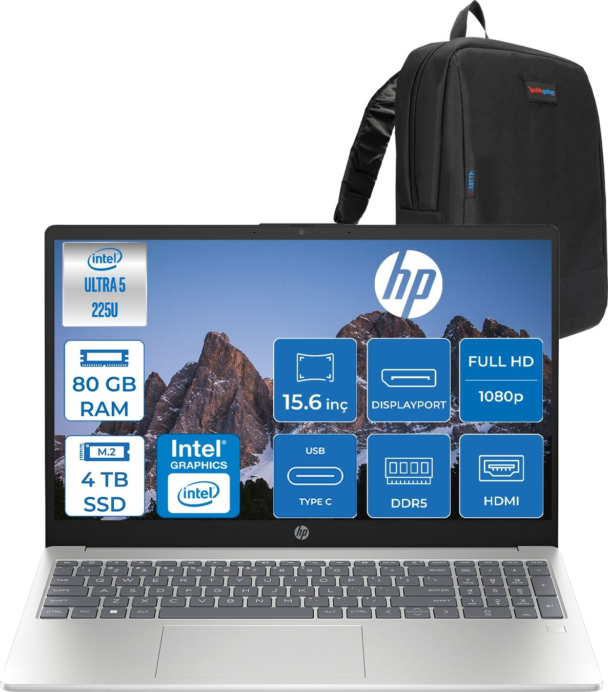 HP AI 15-FD2026NT Intel® Grafik GPU D51E0EAF30 Intel Core Ultra 5 225U 80 GB RAM 4 TB SSD 15,6 inç FreeDOS Laptop+Çanta Siyah
