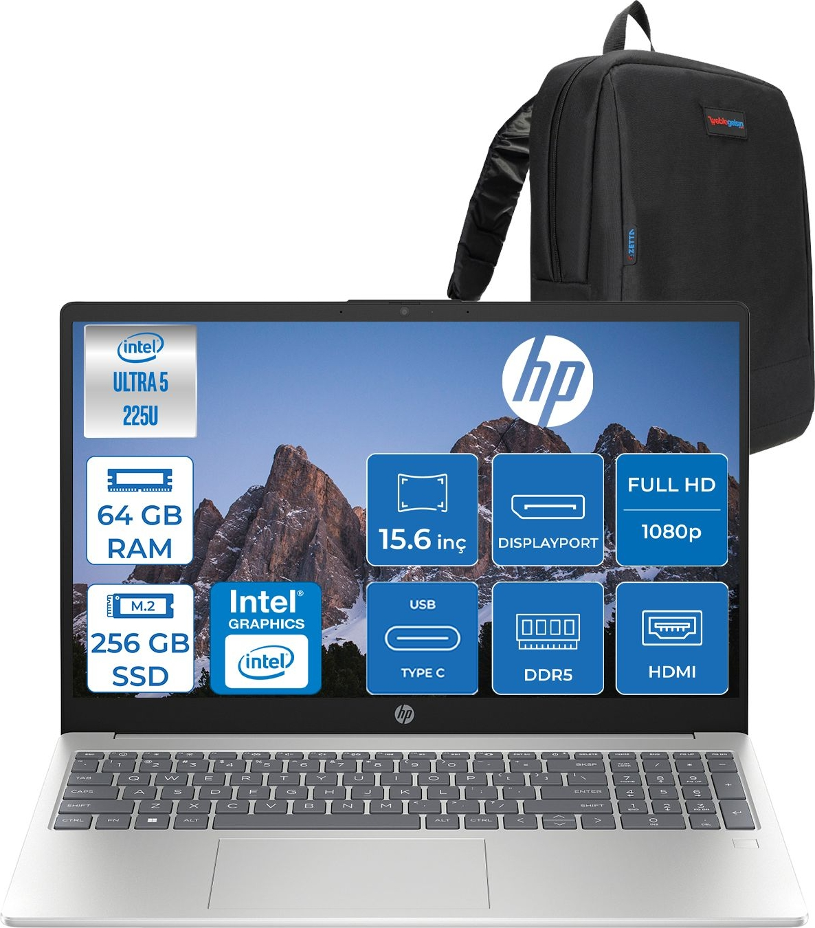 HP AI 15-FD2026NT Intel® Grafik D51E0EAF21 Intel Core Ultra 5 225U 64 GB RAM 256 GB SSD 15,6 inç FreeDOS Laptop+Çanta Siyah