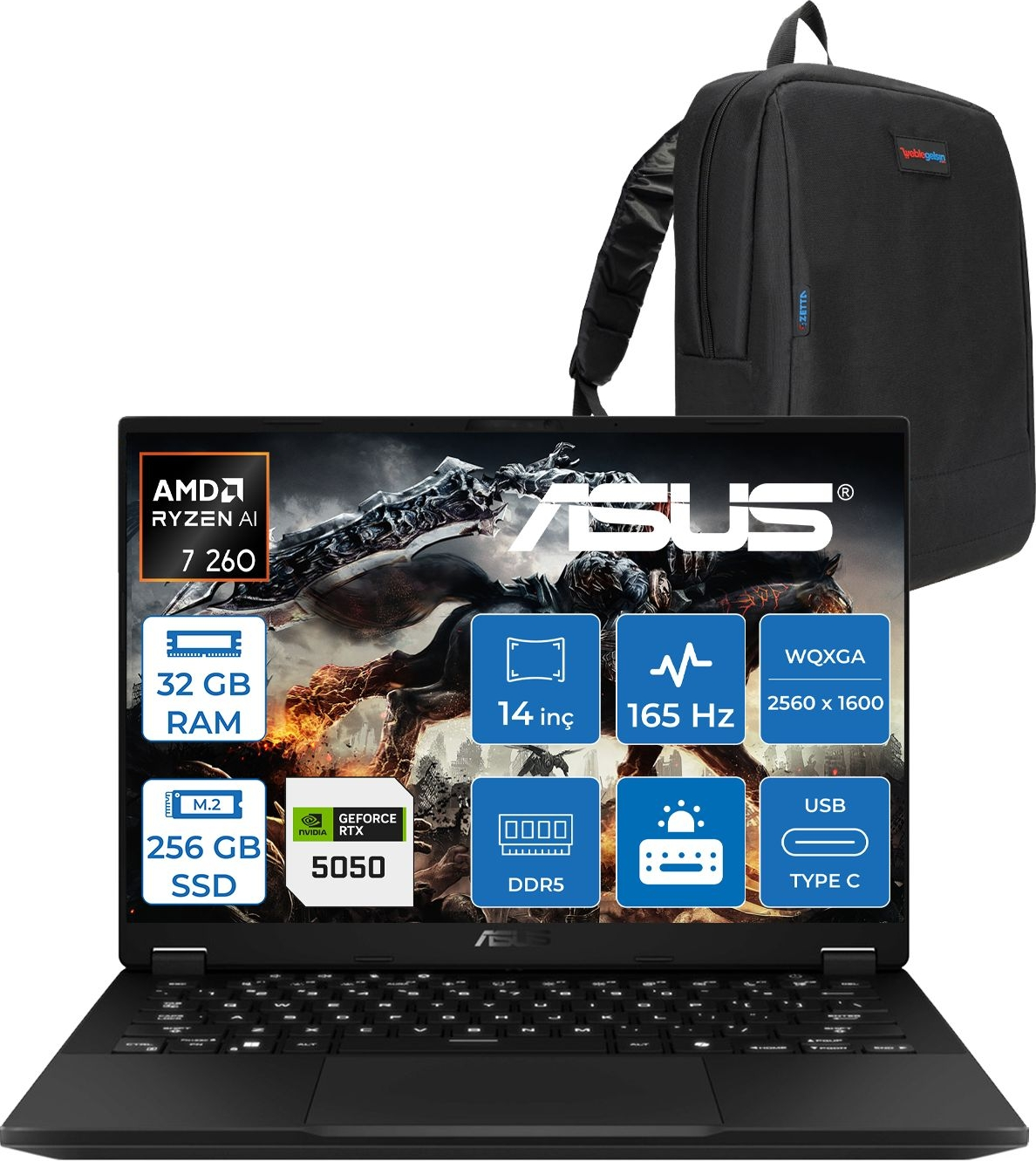 AMD Ryzen AI 7 260, 32 GB RAM, 256 GB SSD, RTX 5050 özellikli siyah dizüstü bilgisayar. Yanında sırt çantası.