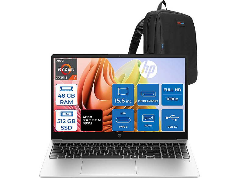 HP 255R G10 Radeon™ 680M 1920x1080 D30M1ETF17 AMD Ryzen 7 7735U 48 GB RAM 512 GB SSD 15,6 inç FreeDOS Laptop+Çanta Siyah
