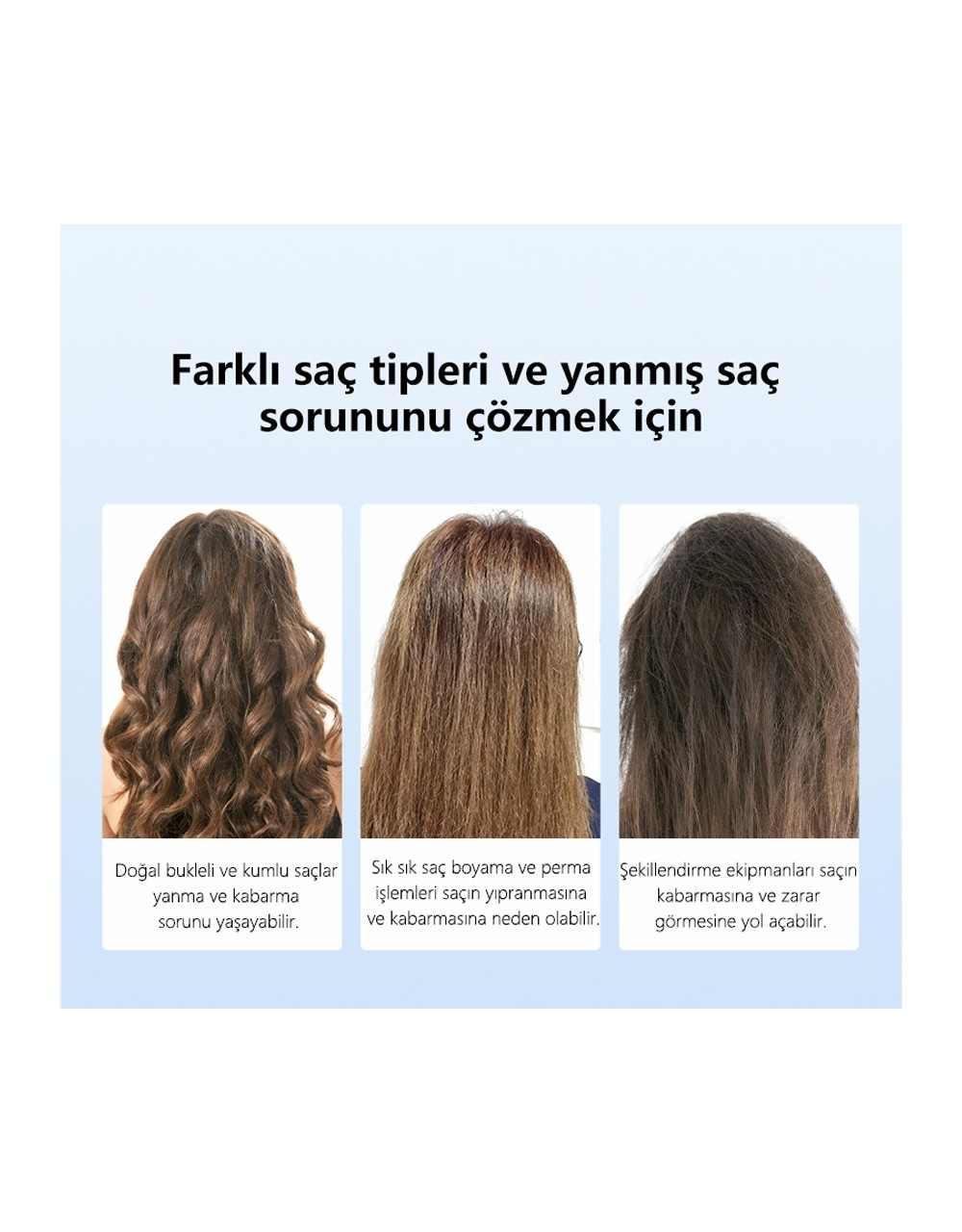 Üç saç tipi: doğal kıvırcık, boyalı/perma, ısıdan zarar görmüş.