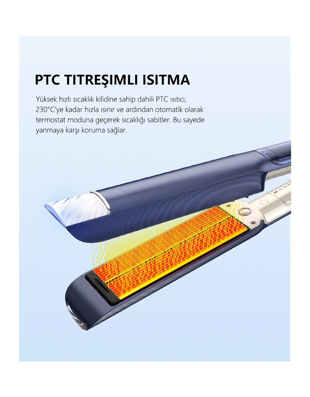 Isıtılmış plakalı mavi bir saç düzleştirici gösteriliyor.