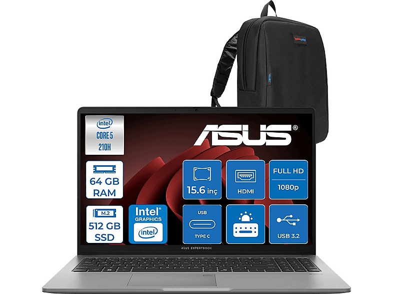 ASUS ExpertBook P1 P1503CVA ZC516512G0DF22 Intel Core 5 210H 64 GB RAM 512 GB SSD 15,6 inç FreeDOS Laptop+Çanta Siyah
