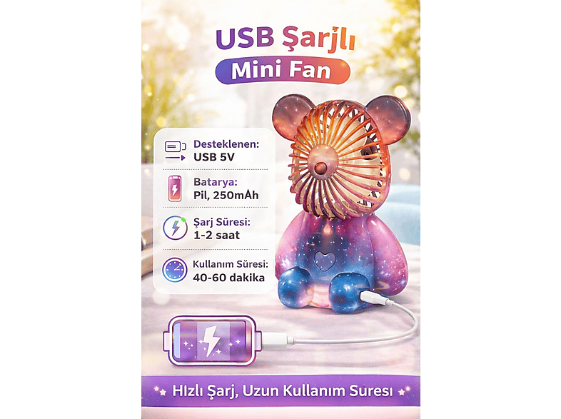 DOSSIMO DSM-901 Şarjlı Mini Masa Fanı Ayıcık Figürlü El Fanı Çok Renkli