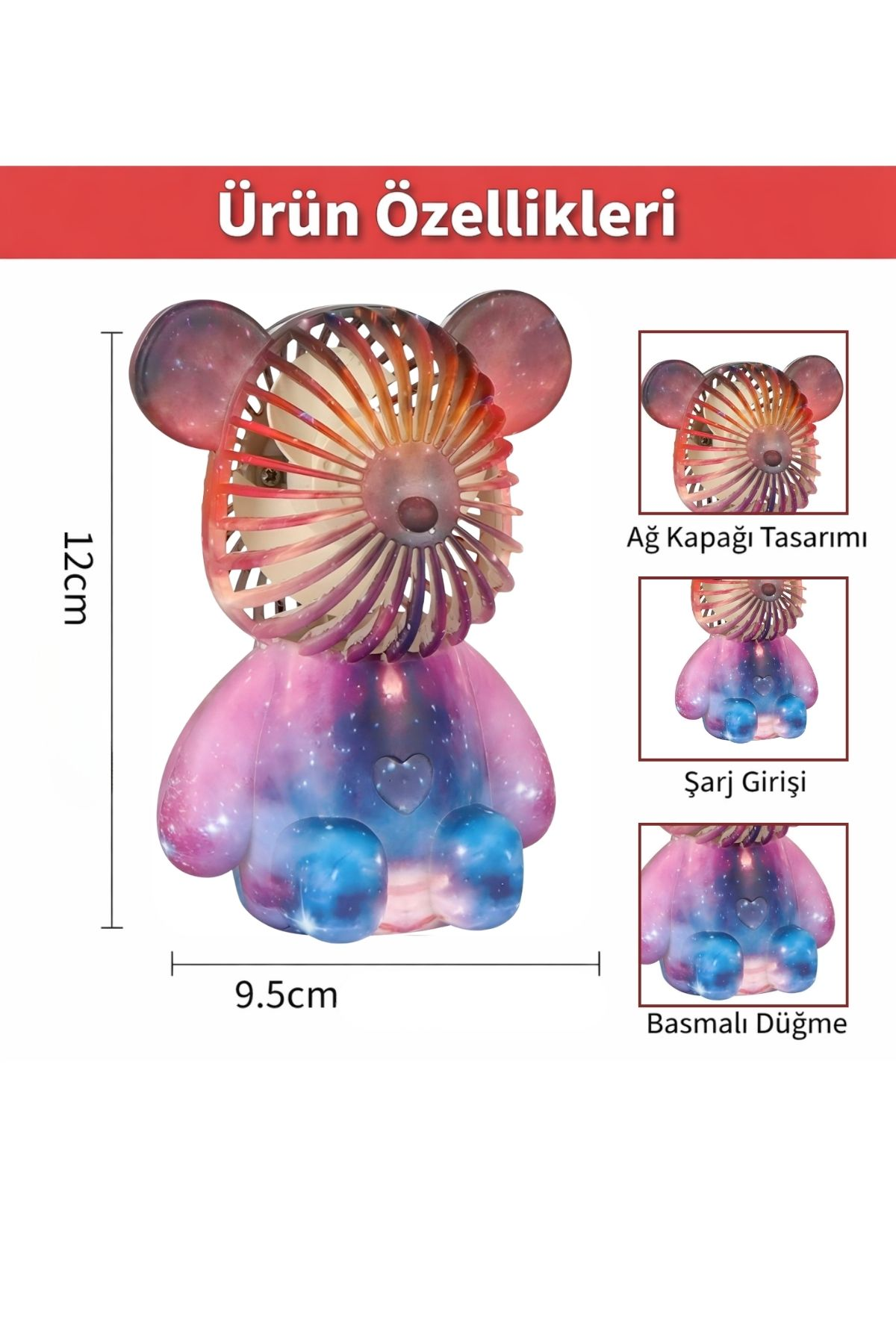 Galaksi desenli küçük ayıcık vantilatör, 12 cm yükseklik, 9,5 cm genişlik.