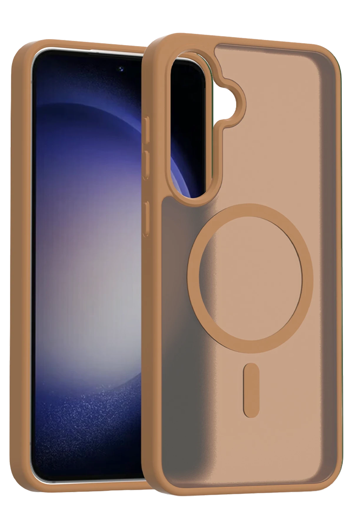 Arkada halka ve çizgi desenli kahverengi telefon kılıfı.