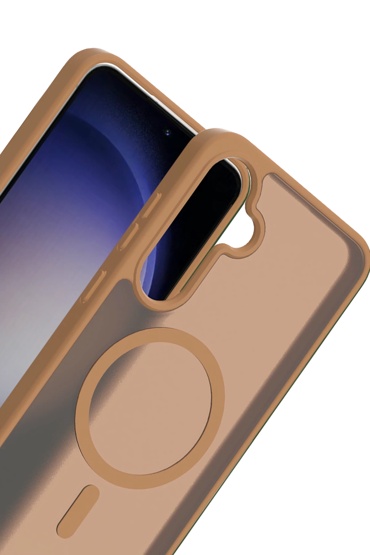 Arkada dairesel ve çizgili desene sahip bronz renkli telefon kılıfı.