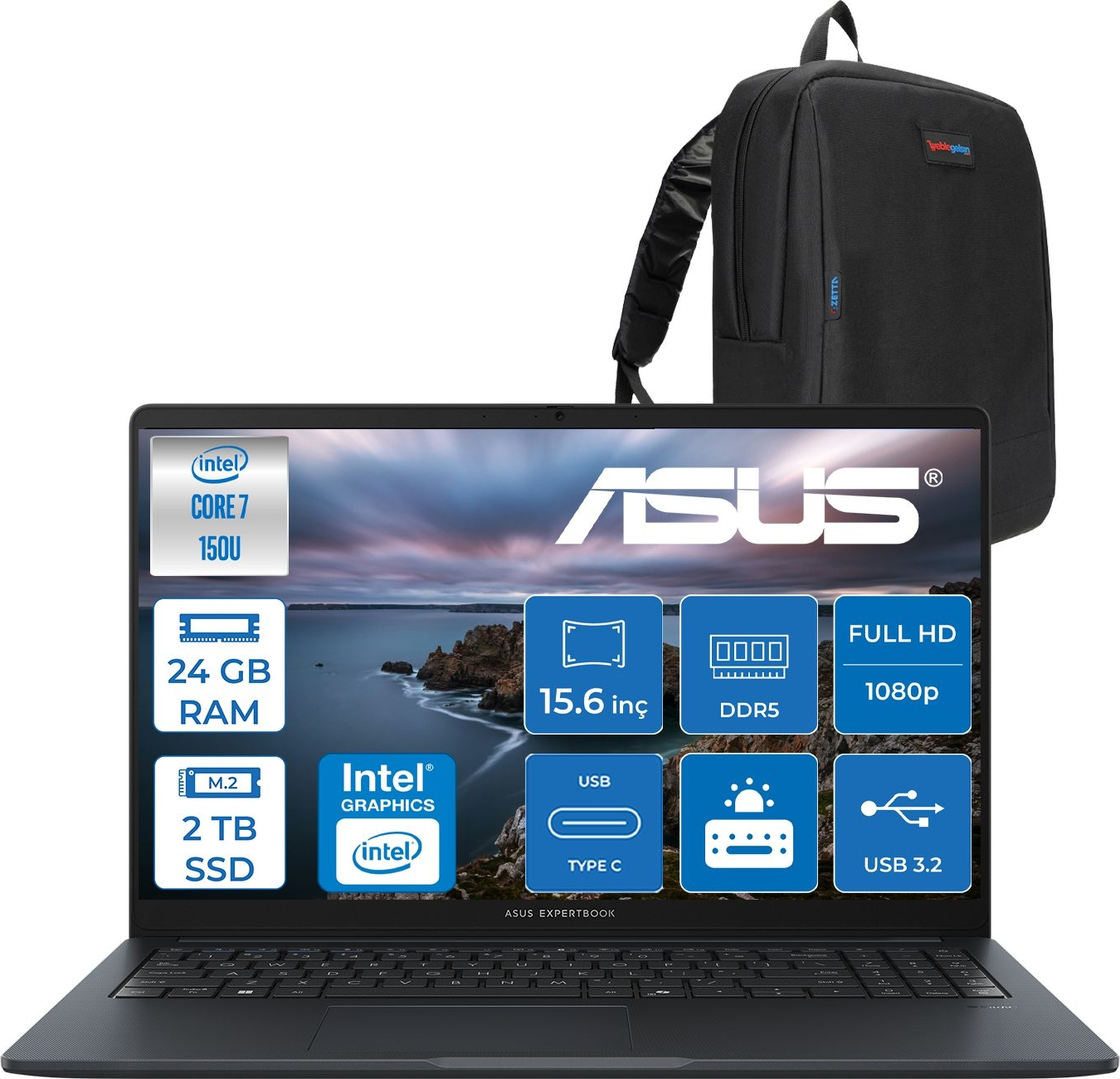 Intel Core i7, 24 GB RAM ve 2 TB SSD'li dizüstü bilgisayarın üzerinde siyah sırt çantası.