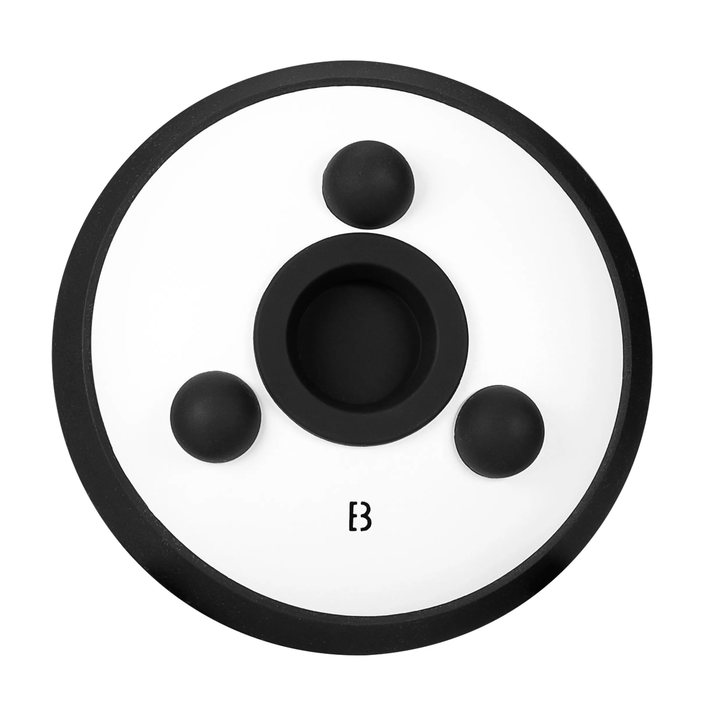 Beyaz zeminde üç küre ve B logosu bulunan siyah bir nesne.