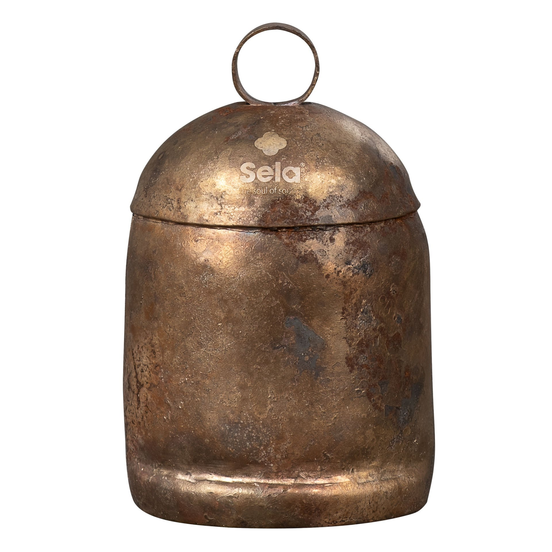 Sela logosu ve halka saplı bronz renkli çan.