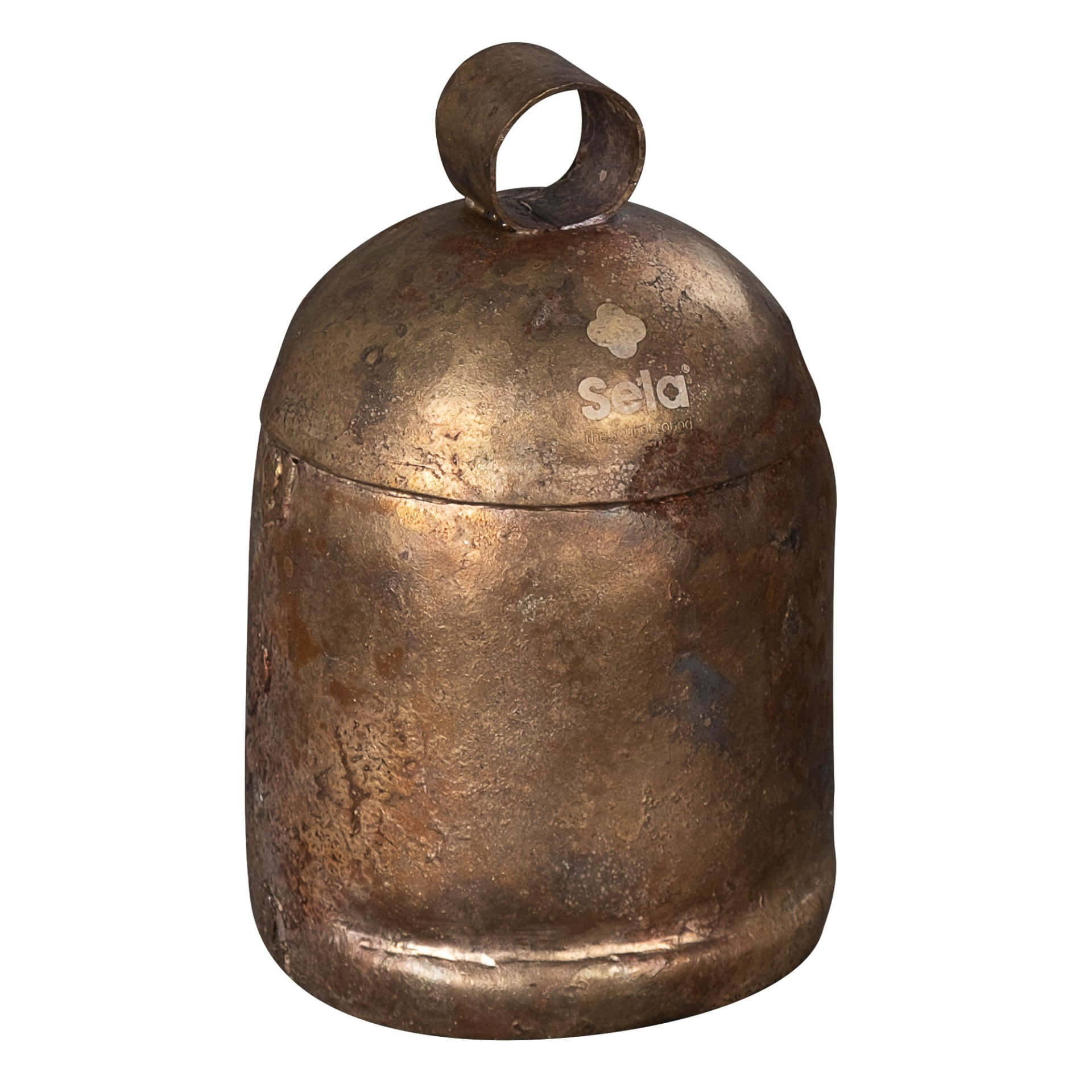 Üstte halkası ve Sela logosu bulunan antik, bronz renkli bir çan.