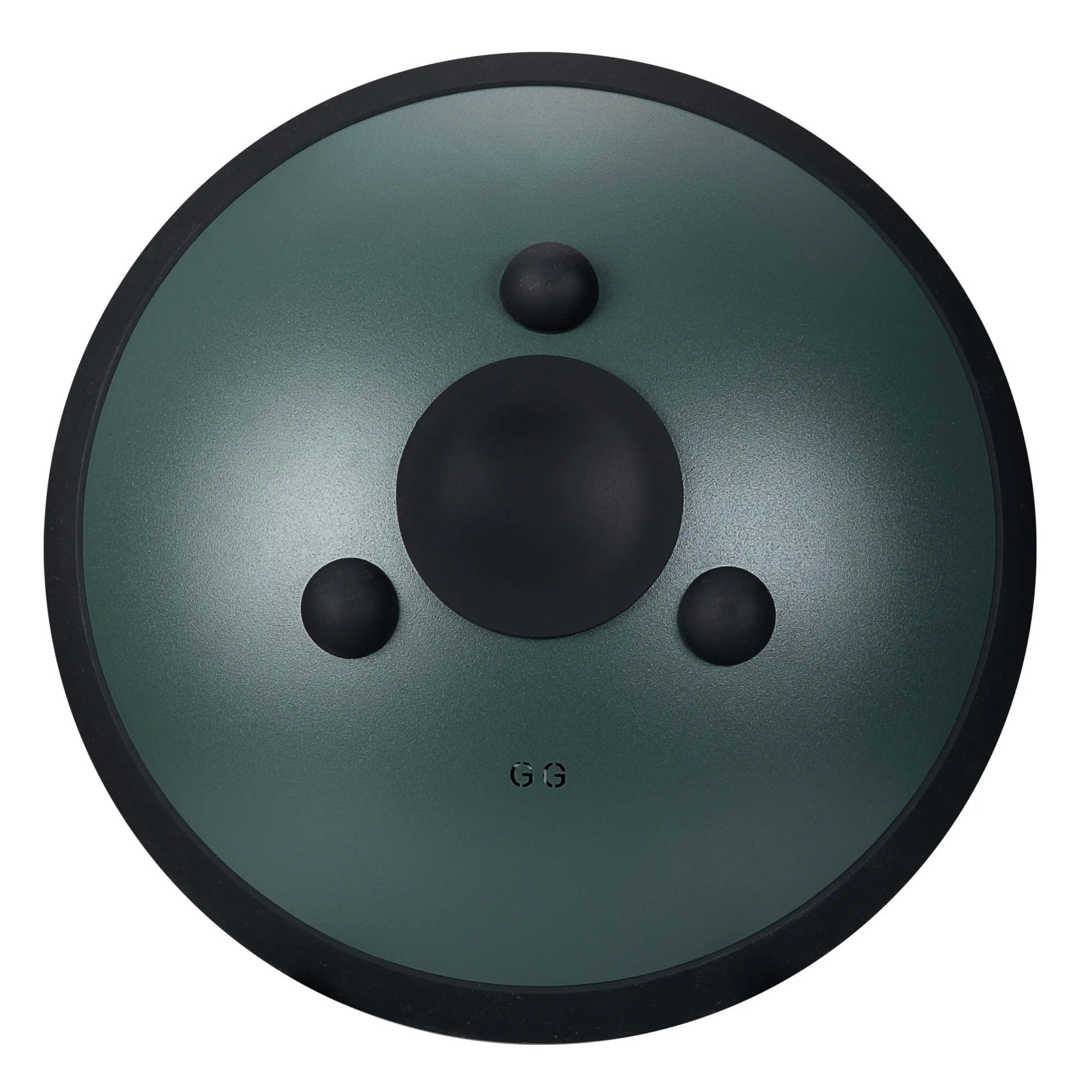 Ortasında üç siyah top ve büyük bir siyah daire bulunan yeşil handpan davul.