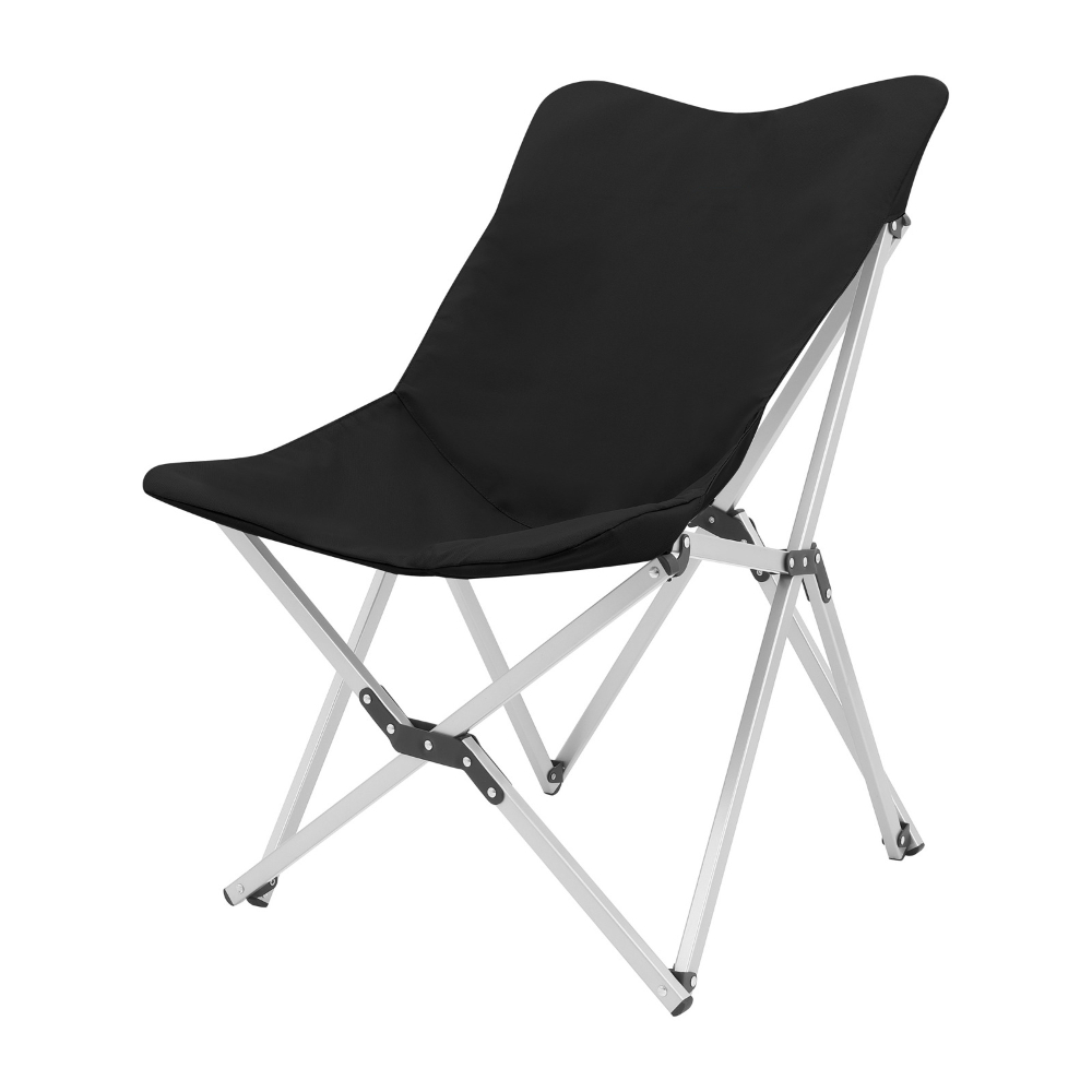 Gümüş metal çerçeveli siyah kelebek model katlanır sandalye.