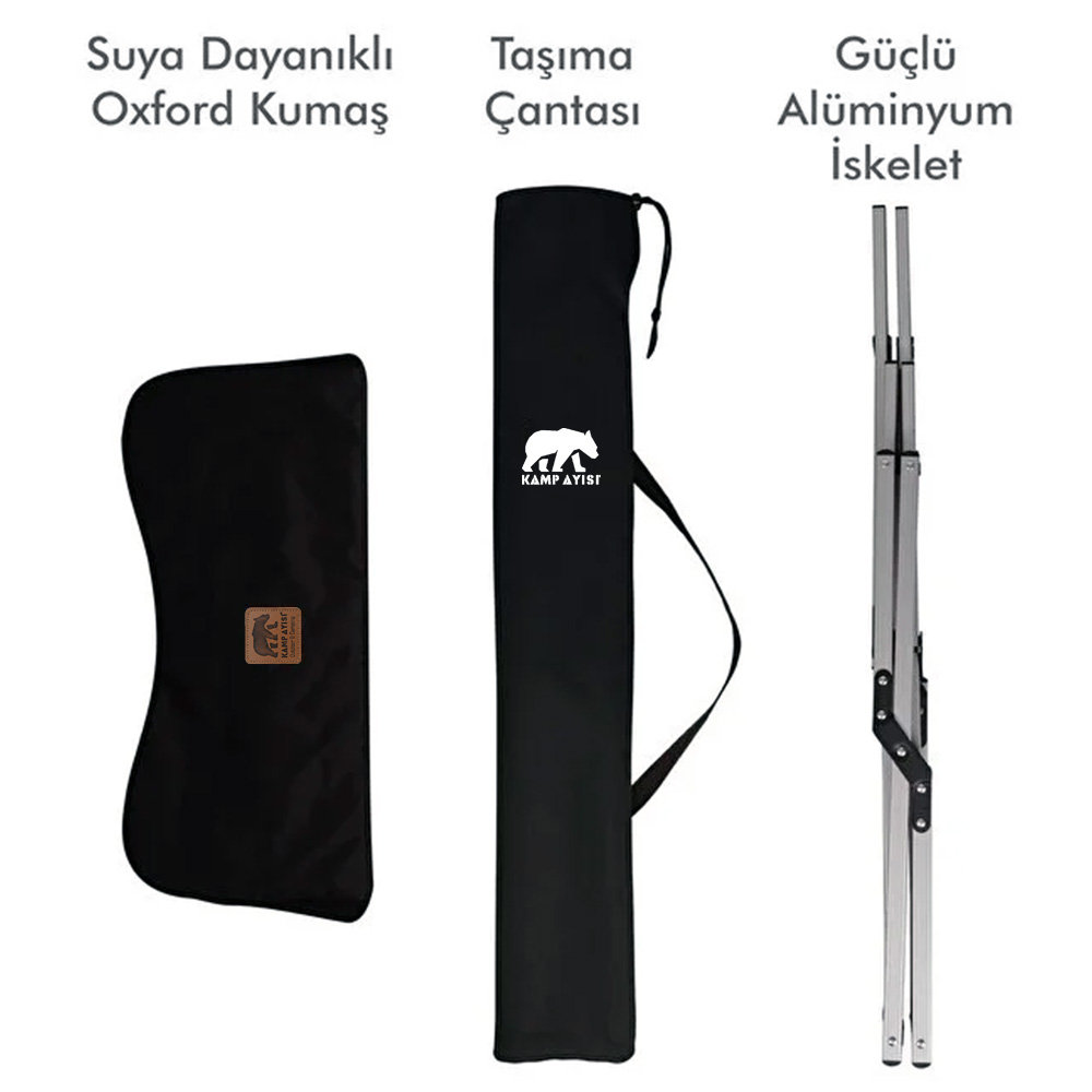 Siyah kumaş kılıf, ayı logolu siyah taşıma çantası ve katlanmış alüminyum iskelet.