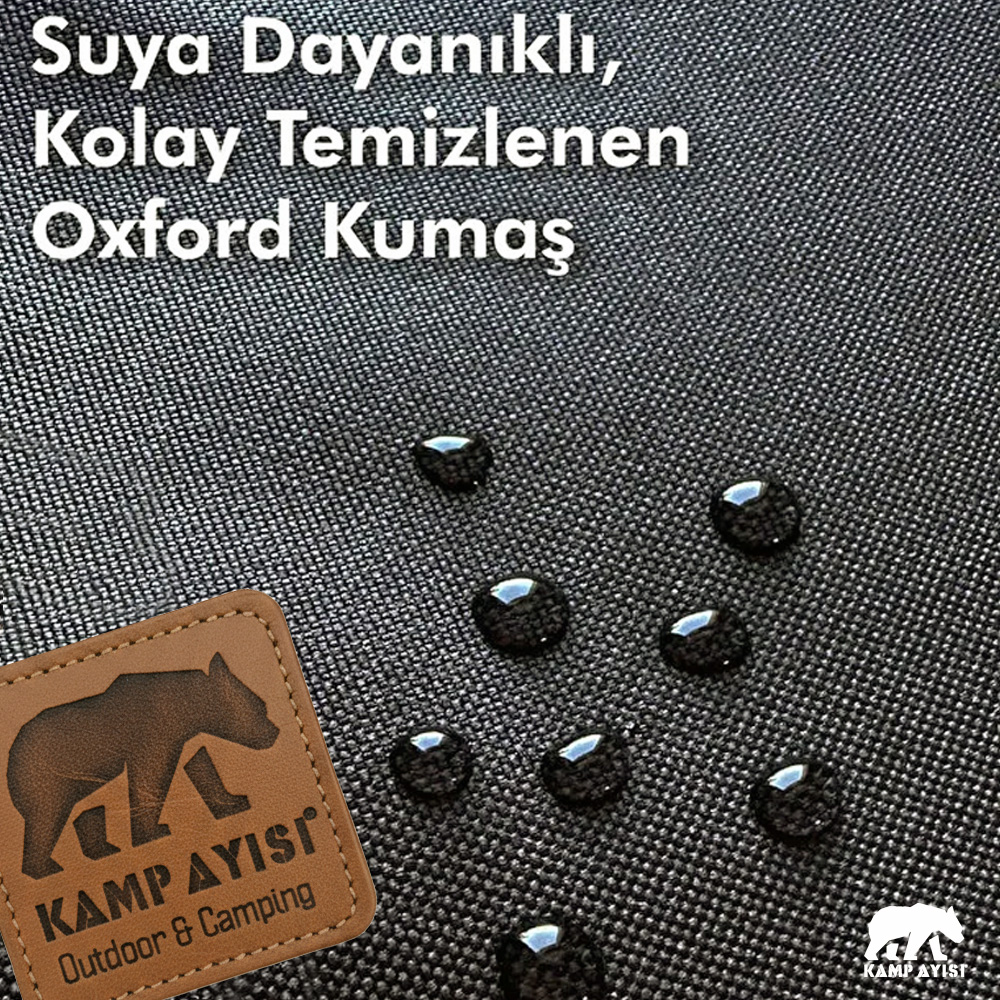 Suya dayanıklı, kolay temizlenen Oxford kumaş üzerinde su damlaları.