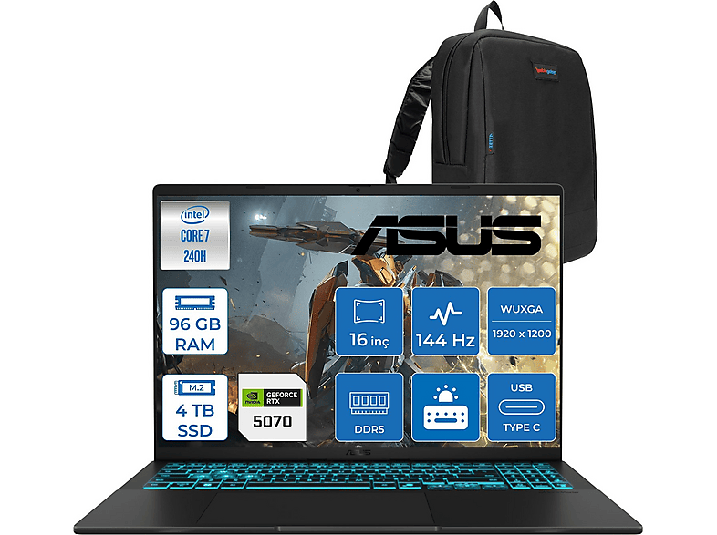 ASUS Vivobook V16 RTX5070/8GB WV3607VPF35 Intel Core 7 240H 96 GB RAM 4 TB SSD 16 inç FreeDOS Laptop+Çanta Siyah