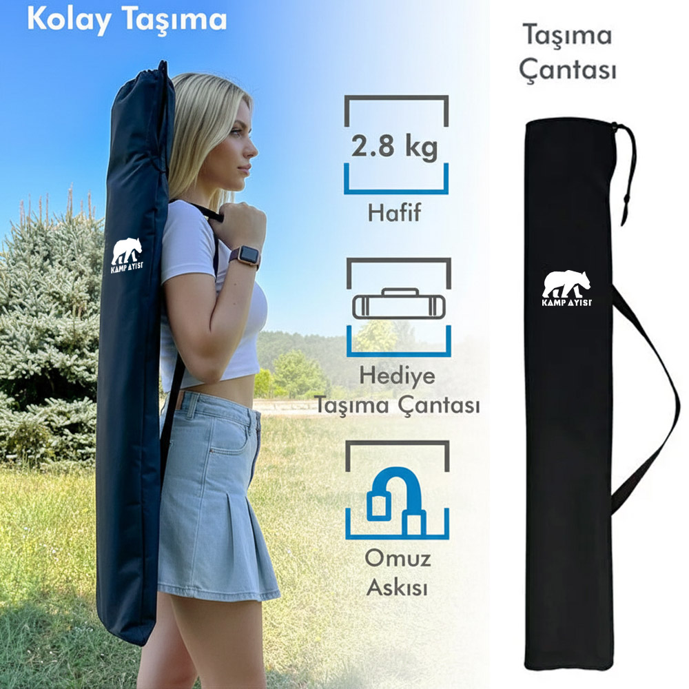 Kadın, kamp logosu ve omuz askılı 2,8 kg'lık siyah taşıma çantası taşıyor.