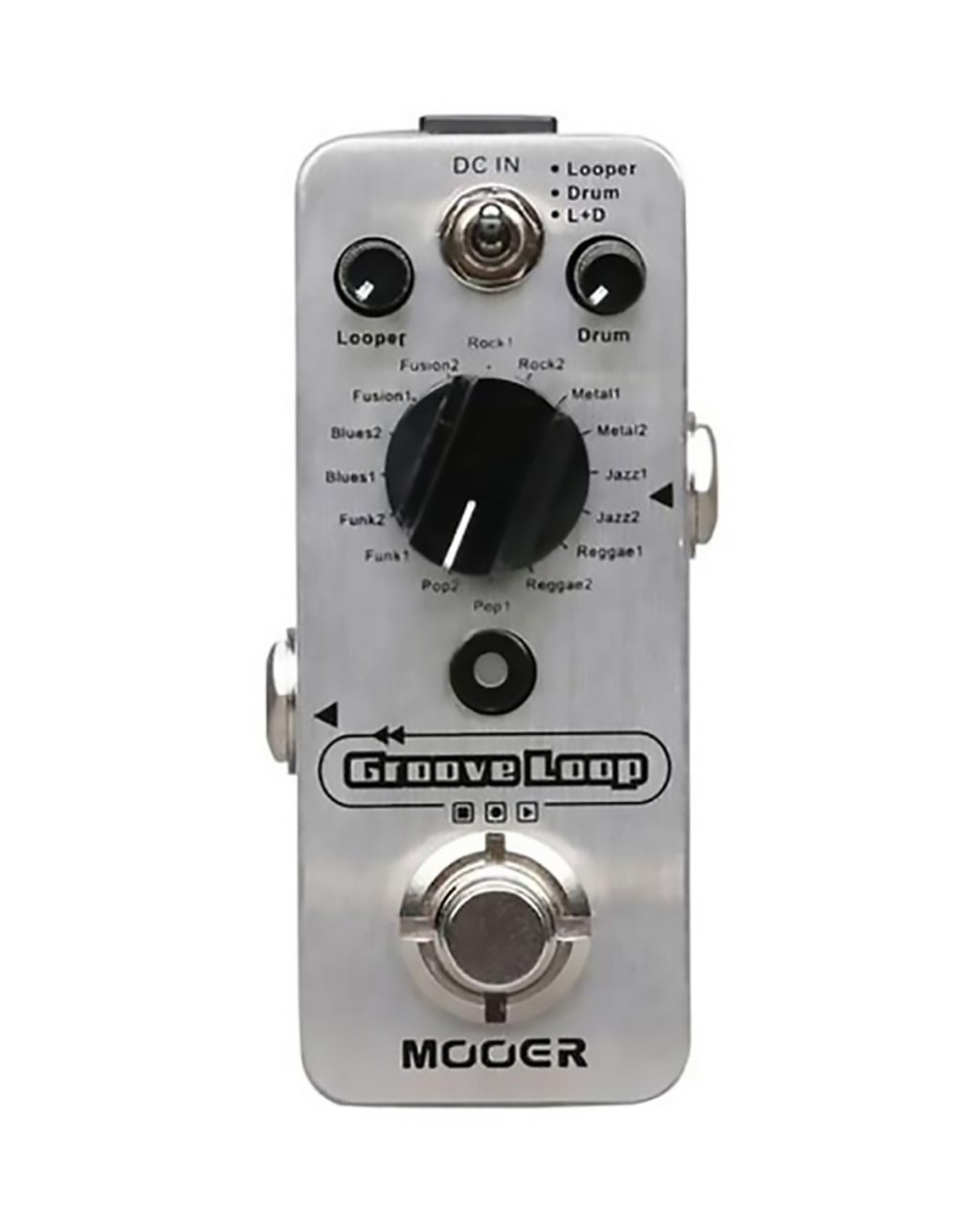Gümüş Mooer Groove Loop gitar efekt pedalı, siyah düğmeli ve büyük döner seçicili.