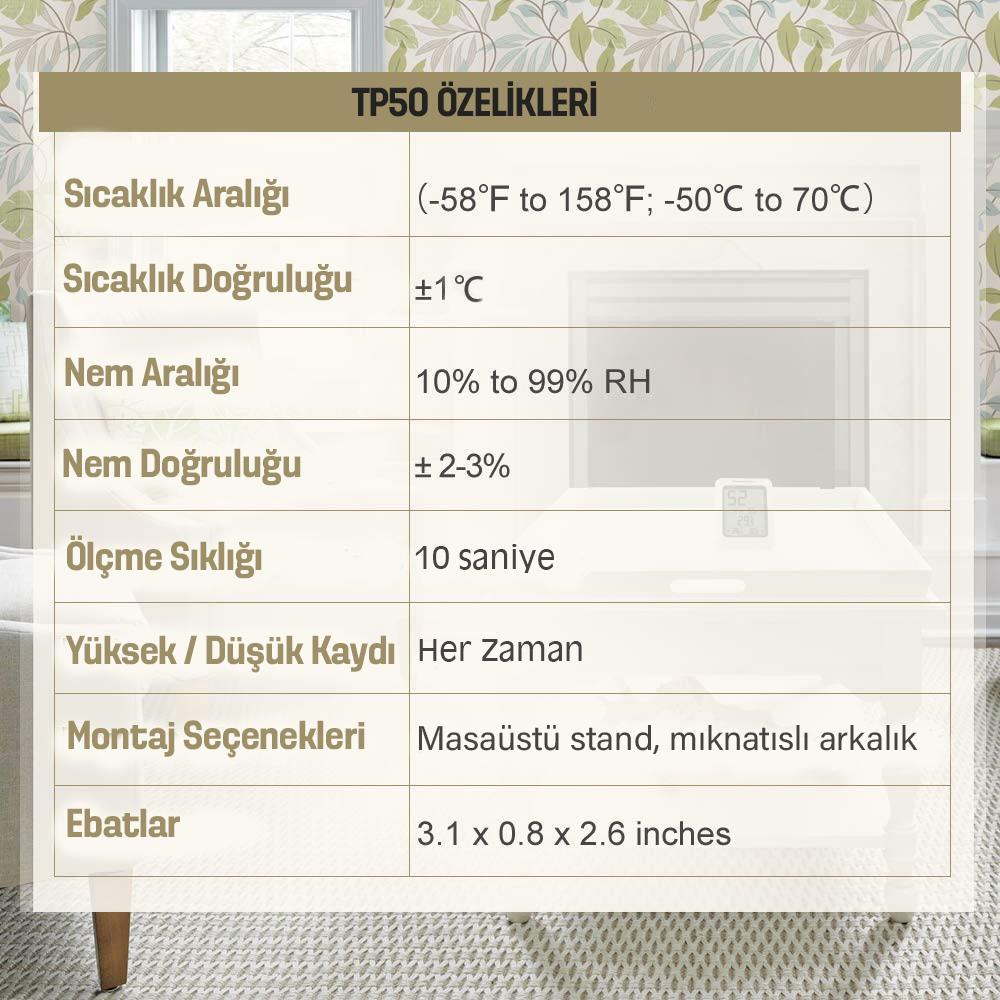 TP50 özellikler tablosu: Sıcaklık -58-158°F, Nem %10-99.