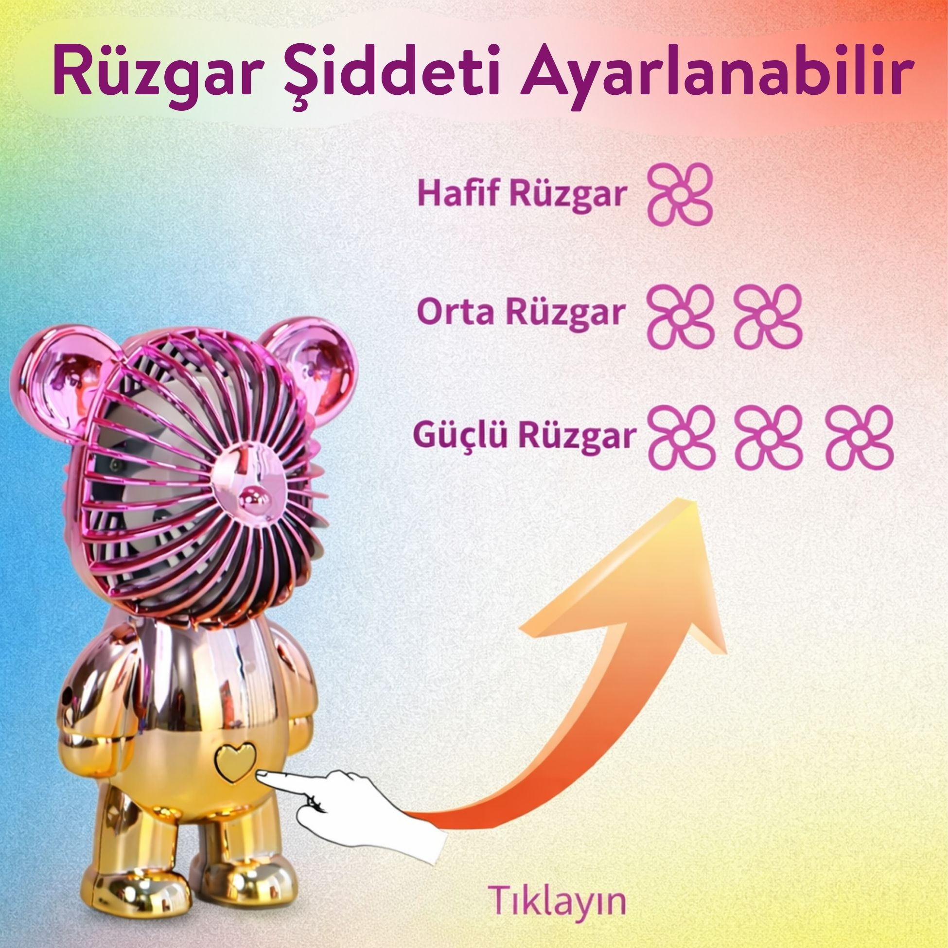 Altın ayıcık fan ayarlanabilir rüzgar hızına sahip: hafif, orta, güçlü.