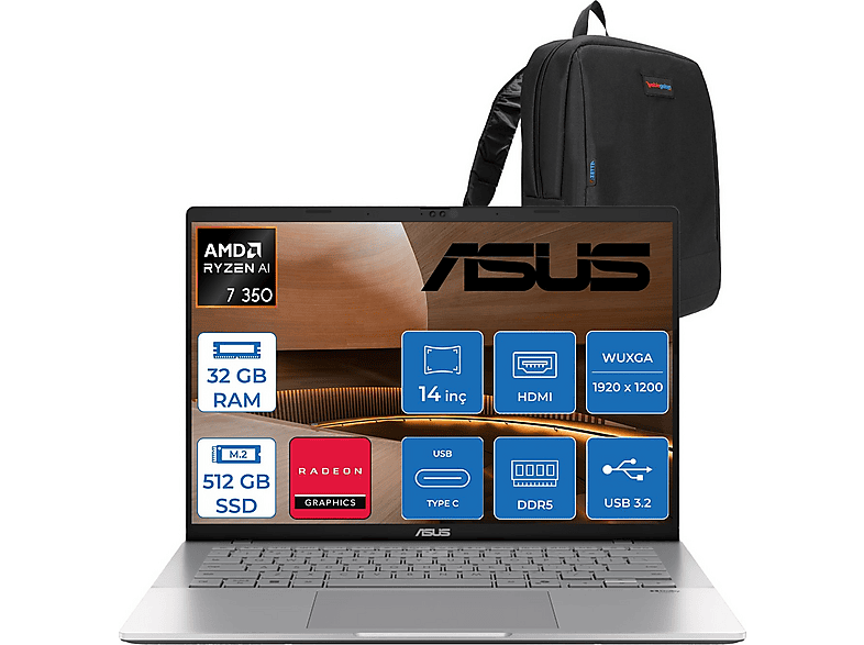 ASUS Vivobook S14 M3407KA Radeon WSF075F12 Ryzen 7 350 32 GB RAM 512 GB SSD 14 inç FreeDOS Laptop+Çanta Siyah