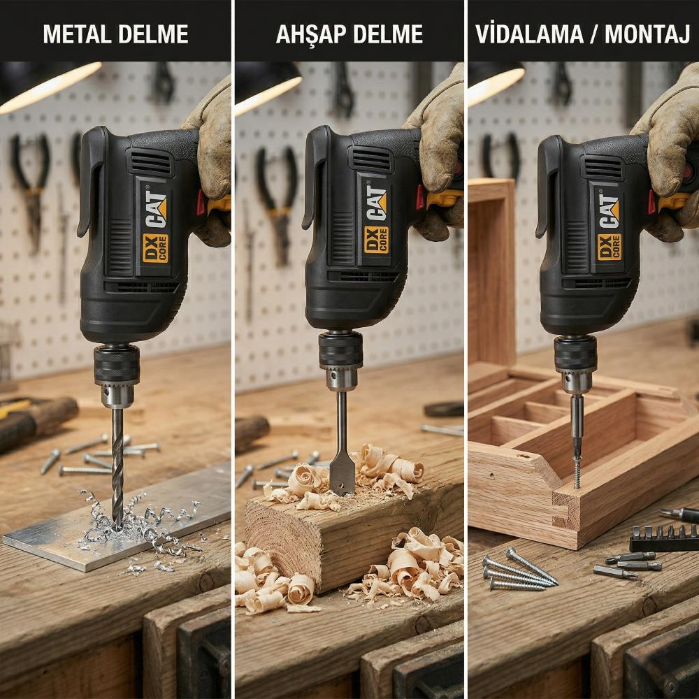 Üç resim matkabı gösteriyor: metal delme, ahşap delme, vidalama.