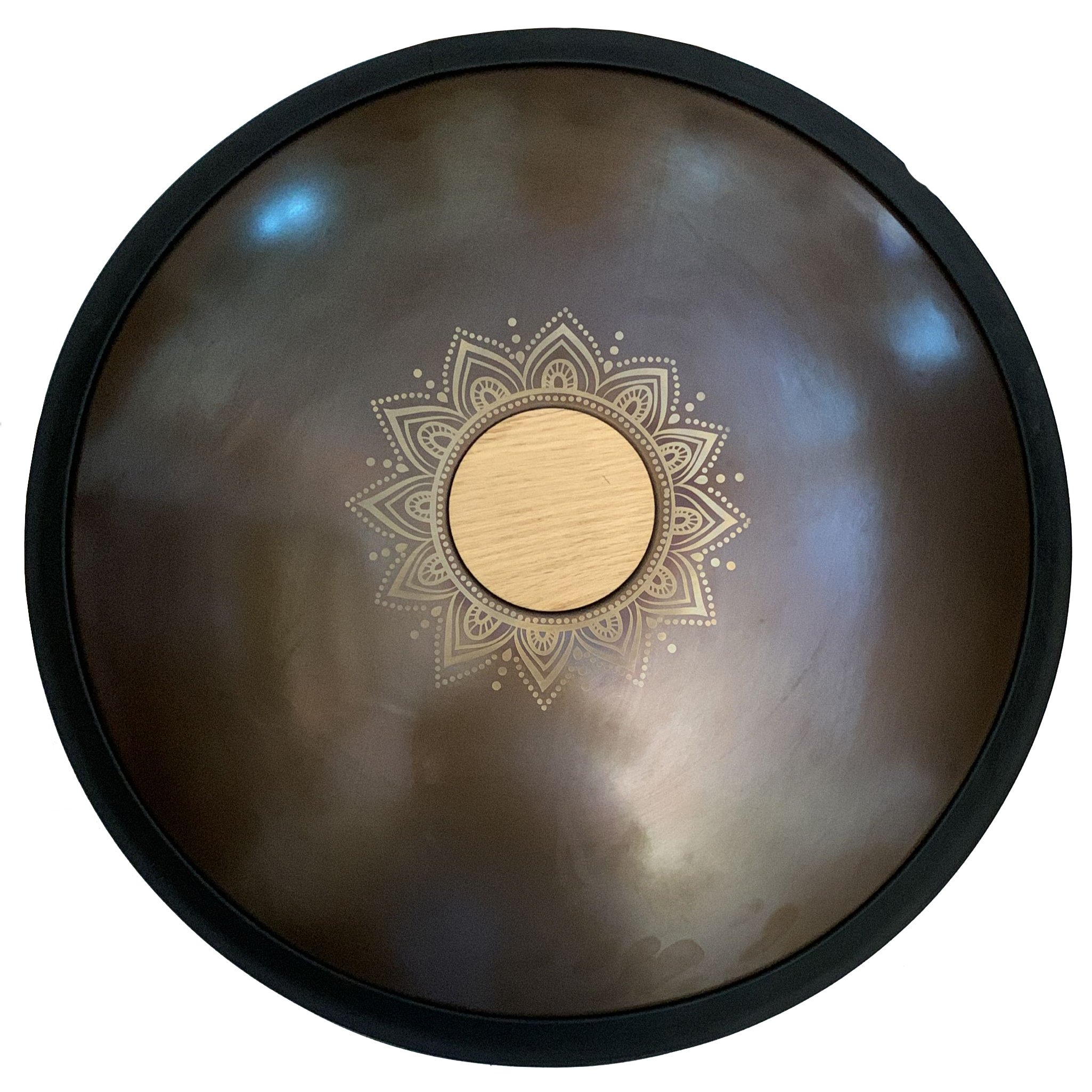 Altın mandala desenli, ahşap merkezli koyu kahverengi handpan.