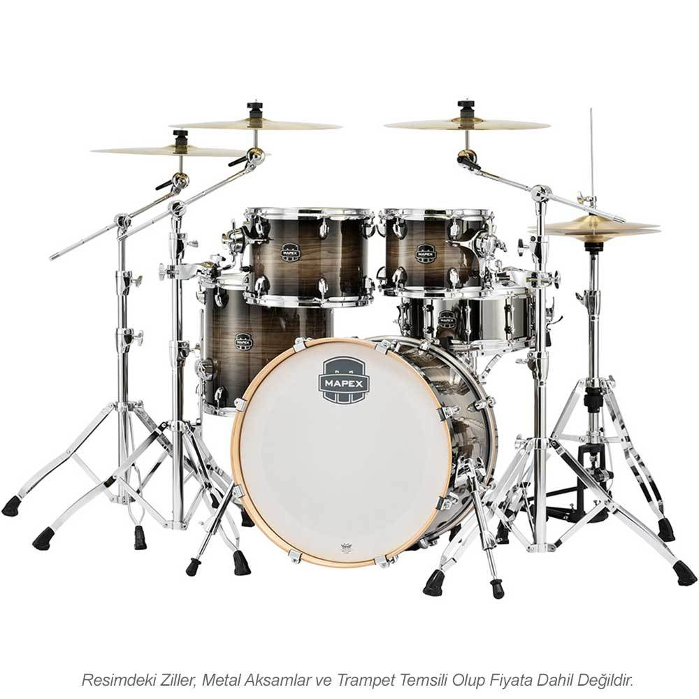 Koyu ahşap kaplamalı, krom donanımlı ve zil setli Mapex bateri takımı.