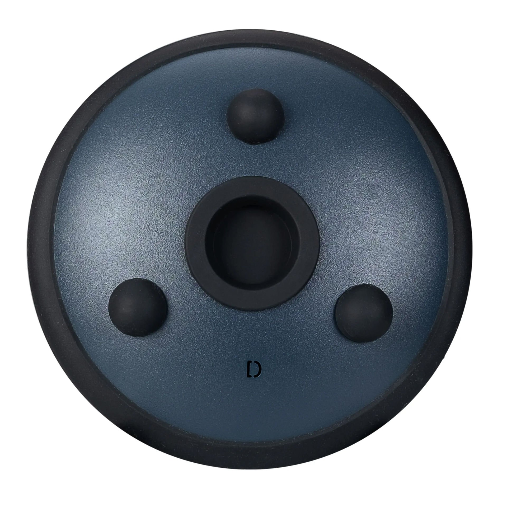 Üç siyah düğmeli ve siyah orta halkalı koyu mavi handpan.