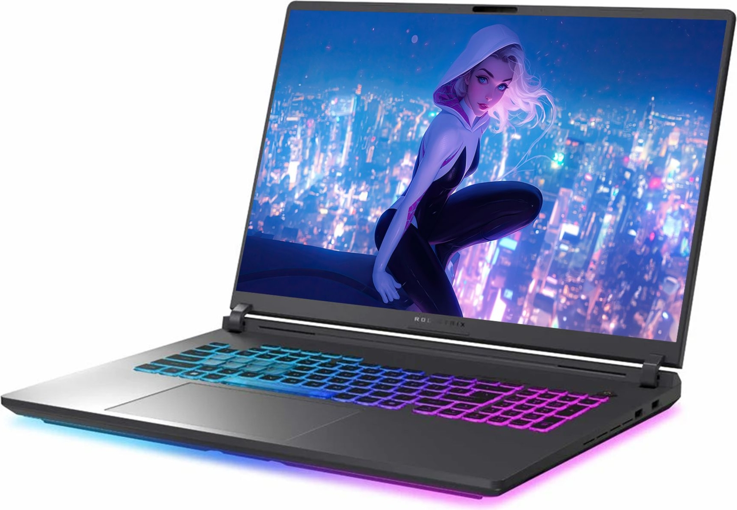 Laptop, geceleyin bir şehirde animasyonlu Gwen Stacy'yi gösteriyor. Klavye mavi ve pembe parlıyor.