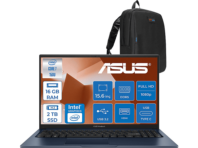 ASUS Vivobook 15 Vivobook 15 (X1504VA) X1504VA150UF04 Intel Core 7 150U 16 GB RAM 2 TB SSD 15,6 inç FreeDOS Laptop+Çanta Mavi