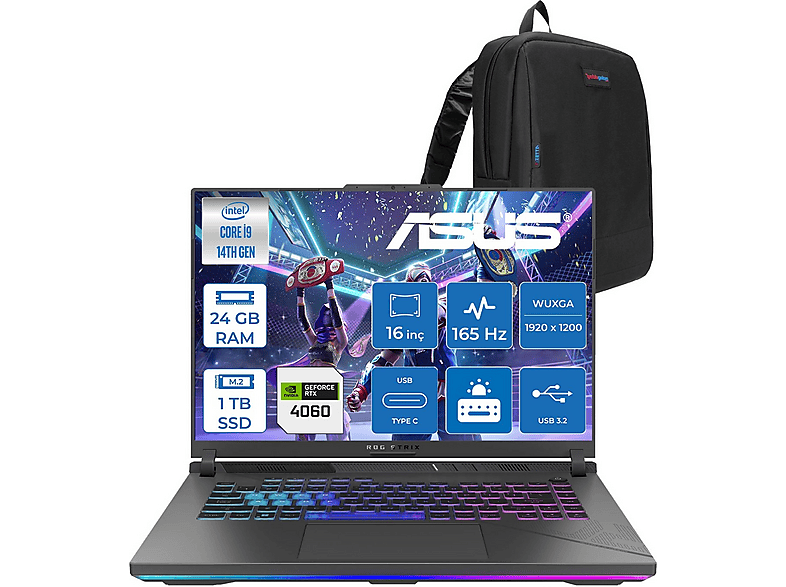 ASUS ROG Strix G16 G614JVR RTX4060/8GB 140W WN3095F08 Intel Core i9-14900HX 24 GB RAM 1 TB SSD 16 inç FreeDOS Laptop+Çanta Siyah