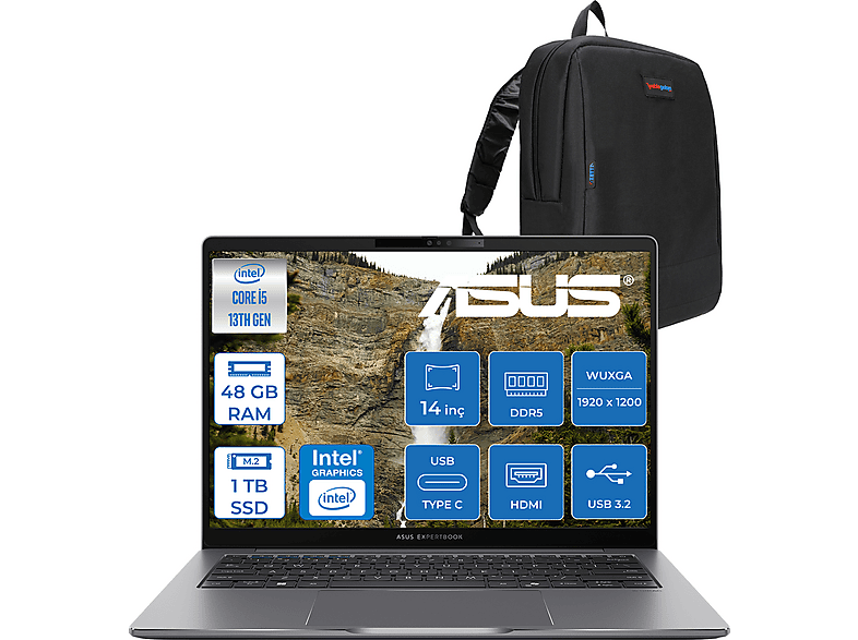 ASUS ExpertBook P3 P3405CVA UHD ZP3405CVAF018 Intel Core i5-13420H 48 GB RAM 1 TB SSD 14 inç FreeDOS Laptop+Çanta Siyah
