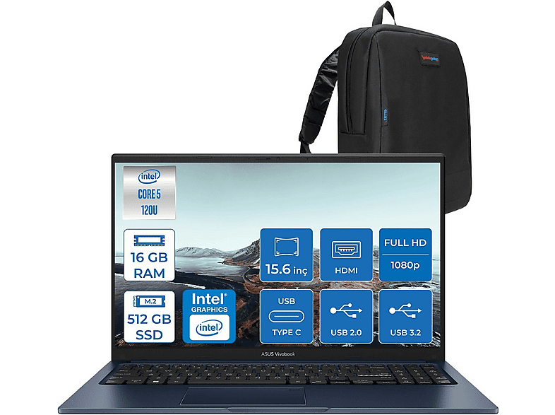 ASUS Vivobook X1504VA 15 FHD ZNJ2861F02 Intel Core 5 120U 16 GB RAM 512 GB SSD 15,6 inç FreeDOS Laptop+Çanta Mavi