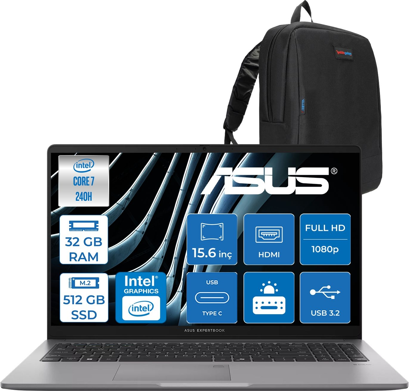 ASUS ExpertBook P1 P1503CVA ZC716512G0DF12 Intel Core 7 240H 32 GB RAM 512 GB SSD 15,6 inç FreeDOS Laptop+Çanta Siyah