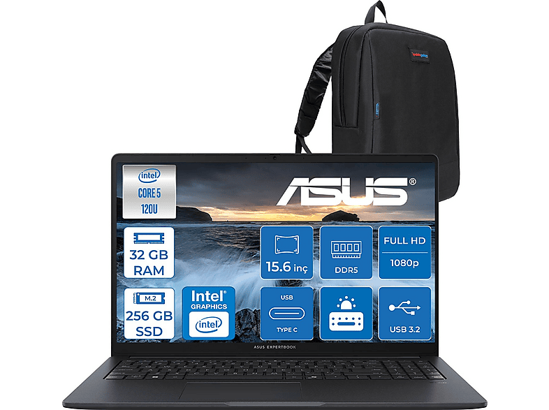 ASUS ExpertBook B1 B1503CVA-C58G512B4D FHDS C58G512B4DF11 Intel Core 5 120U 32 GB RAM 256 GB SSD 15,6 inç FreeDOS Laptop+Çanta Siyah