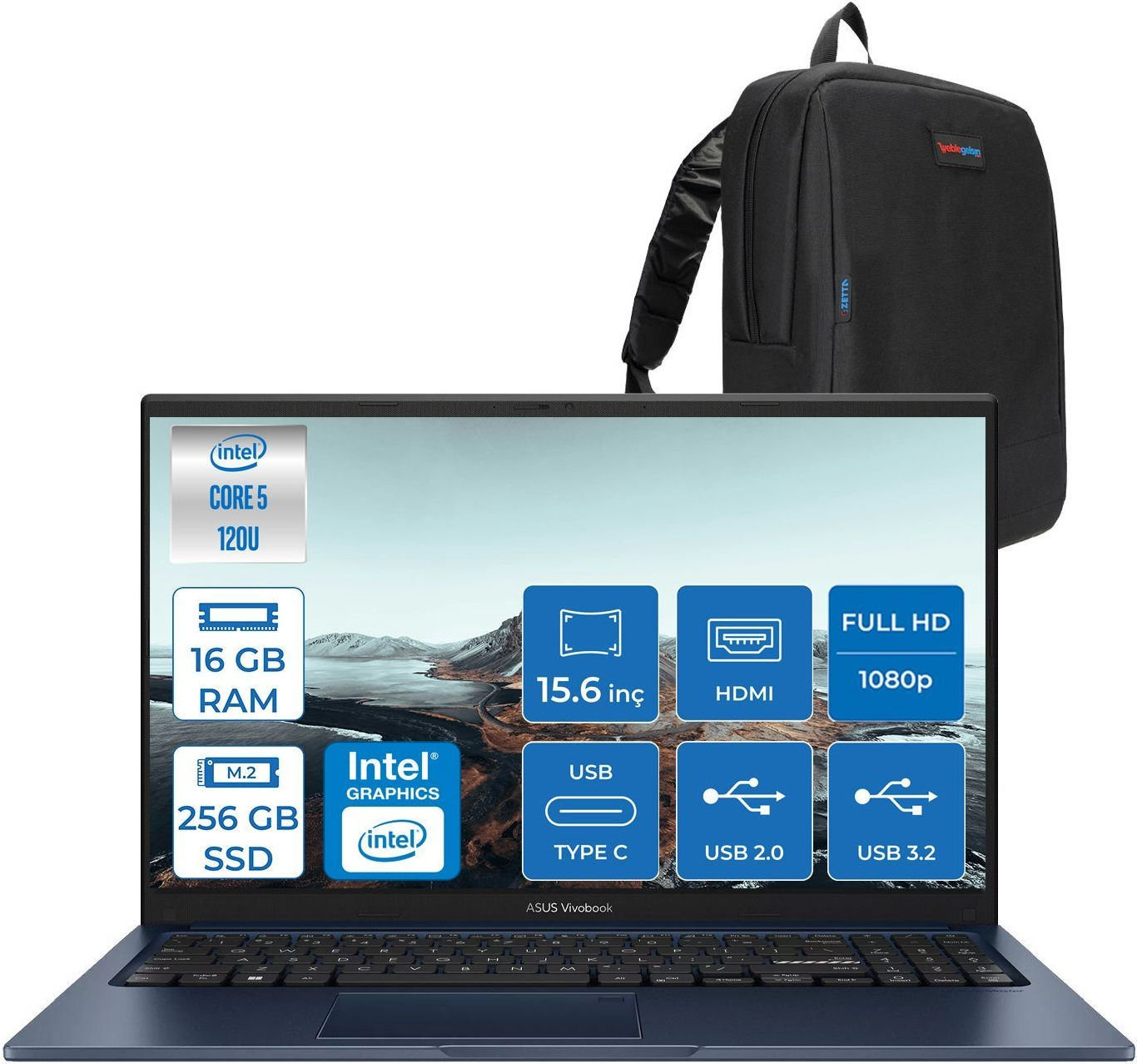 Intel Core 5 işlemcili, 16 GB RAM, 256 GB SSD'li mavi ASUS Vivobook dizüstü bilgisayar ve siyah sırt çantası.