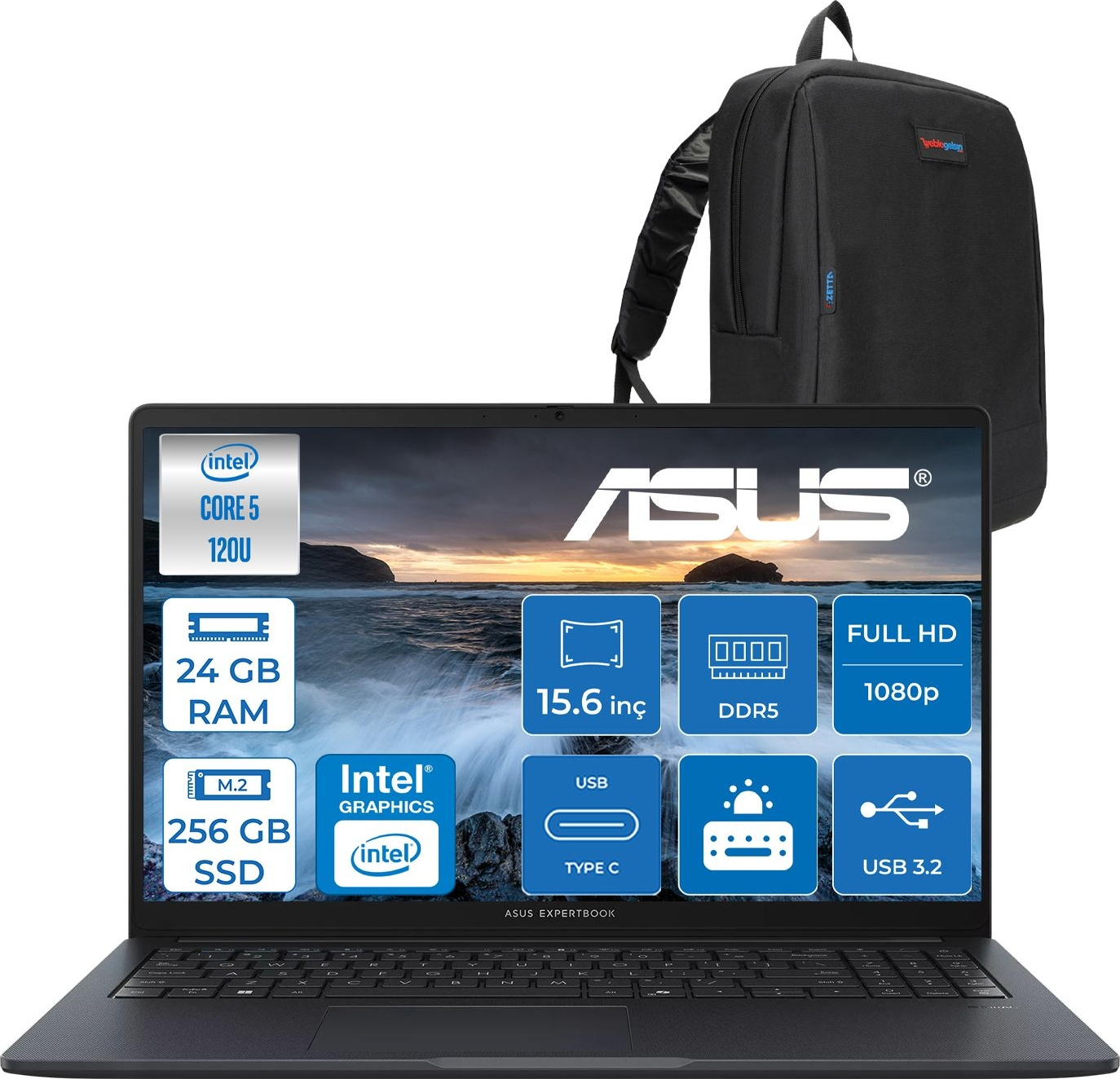 Intel Core 5, 24 GB RAM, 256 GB SSD siyah dizüstü bilgisayar ve sırt çantası.