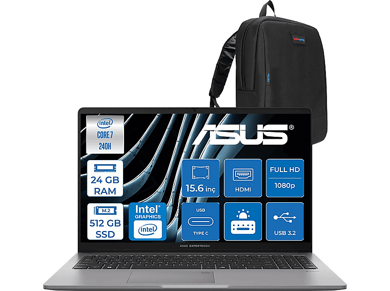 ASUS ExpertBook P1 P1503CVA ZC716512G0DF07 Intel Core 7 240H 24 GB RAM 512 GB SSD 15,6 inç FreeDOS Laptop+Çanta Siyah