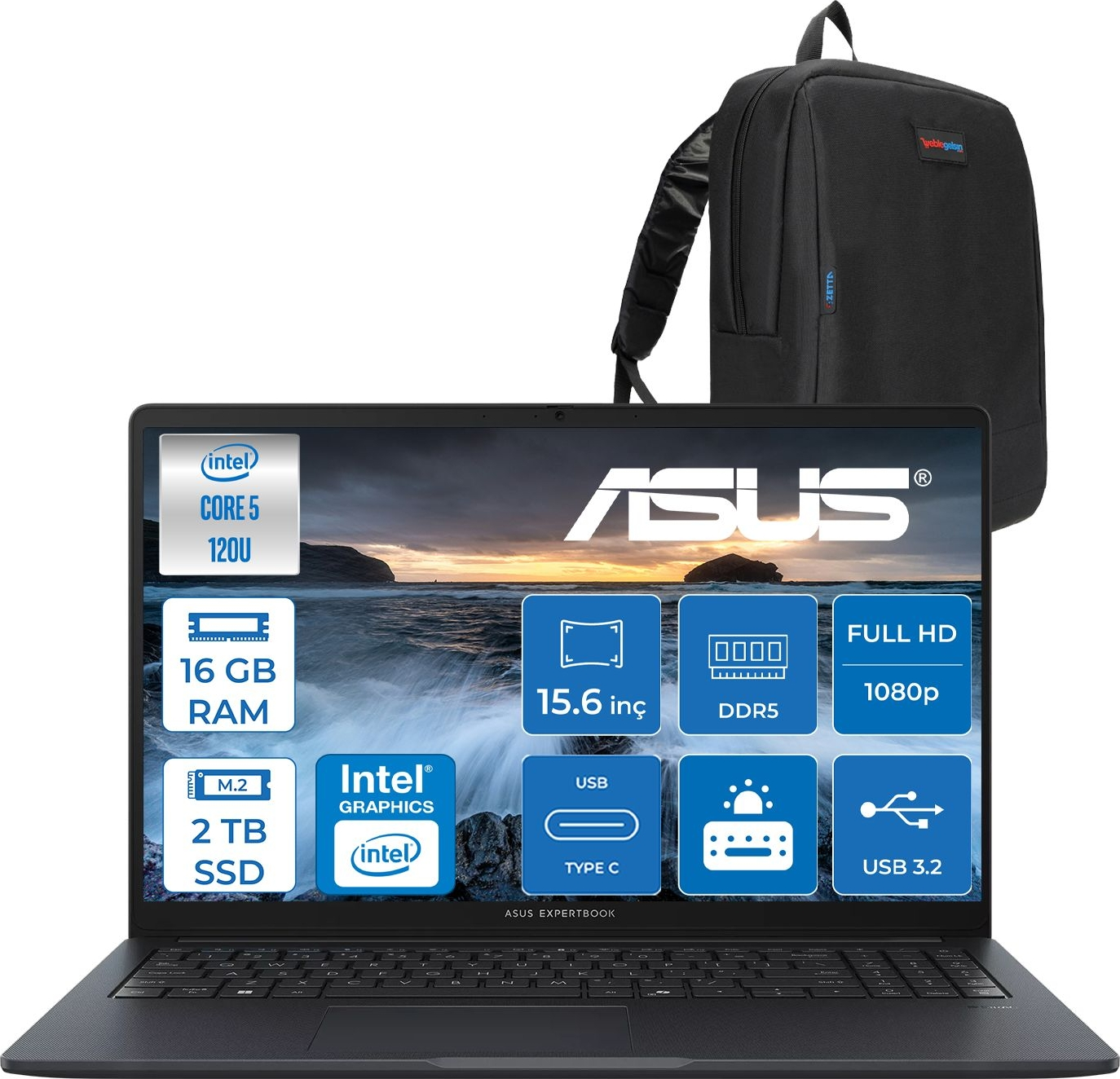 Intel Core 5, 16GB RAM, 2TB SSD'li siyah ASUS dizüstü bilgisayar ve siyah sırt çantası.